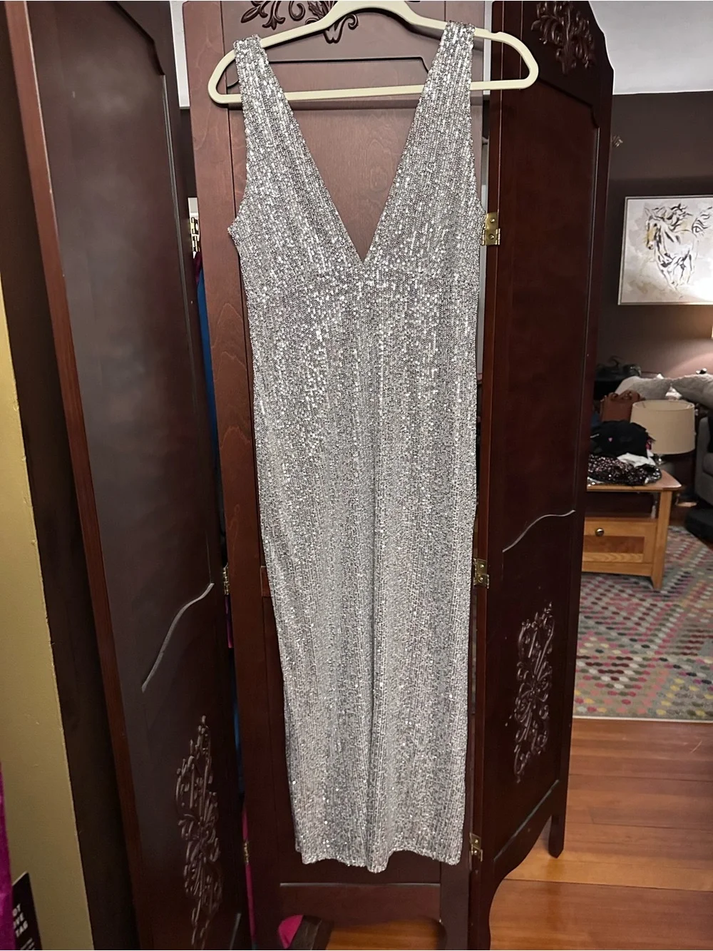Abercrombie & Fitch Silver Sequin V-Neck Madi Dress NWOT Open Back Vegas Sz M